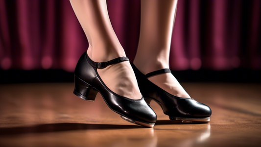 A close-up photograph of a dancer's feet wearing tap shoes with a high arch support, showcasing the importance of proper footwear for maintaining foot health and preventing injuries in tap dancing.