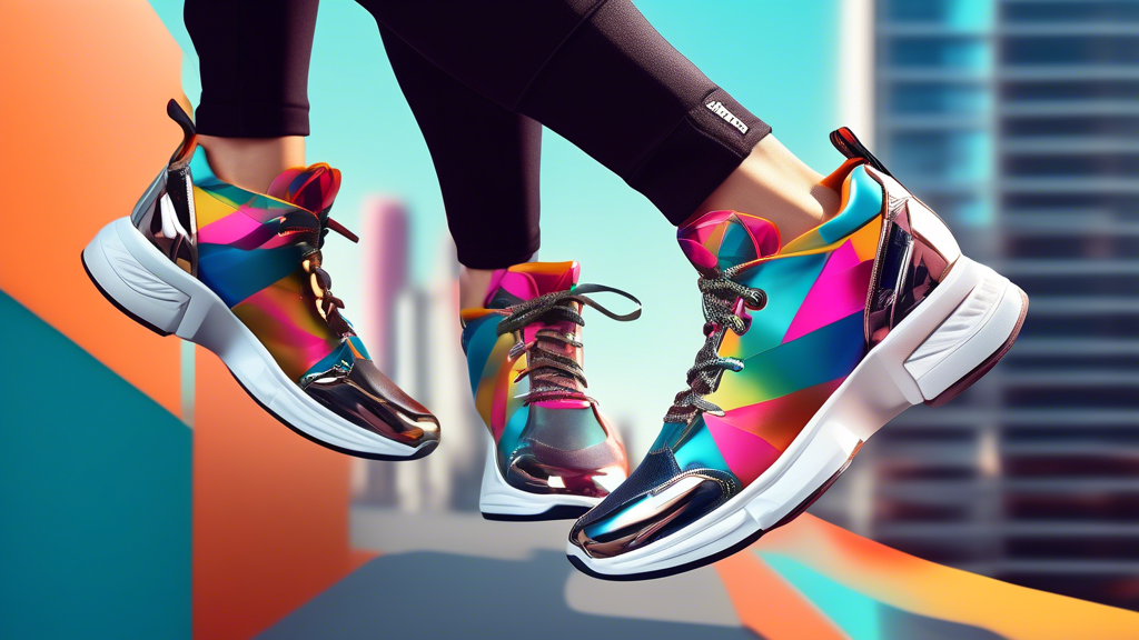 A pair of sleek, metallic sneakers with geometric accents, designed for agile urban dance movements, suspended in mid-air against a vibrant city backdrop.