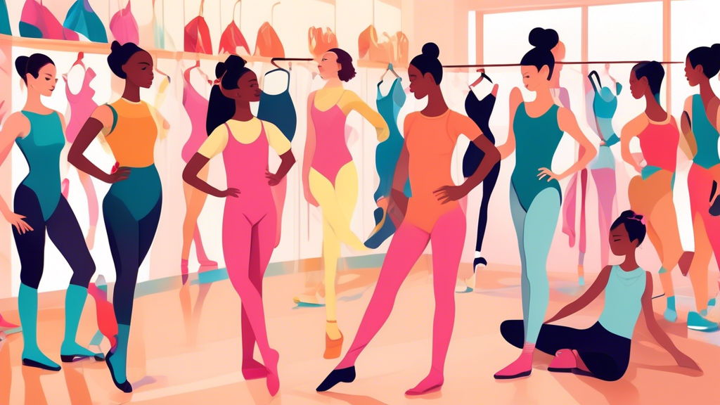 Create an image of a diverse group of dancers of different ages and backgrounds trying on various styles of dancewear in a dancewear store. Include items such as leotards, tights, dance shoes, and accessories. Ensure they are all engaged in conversat