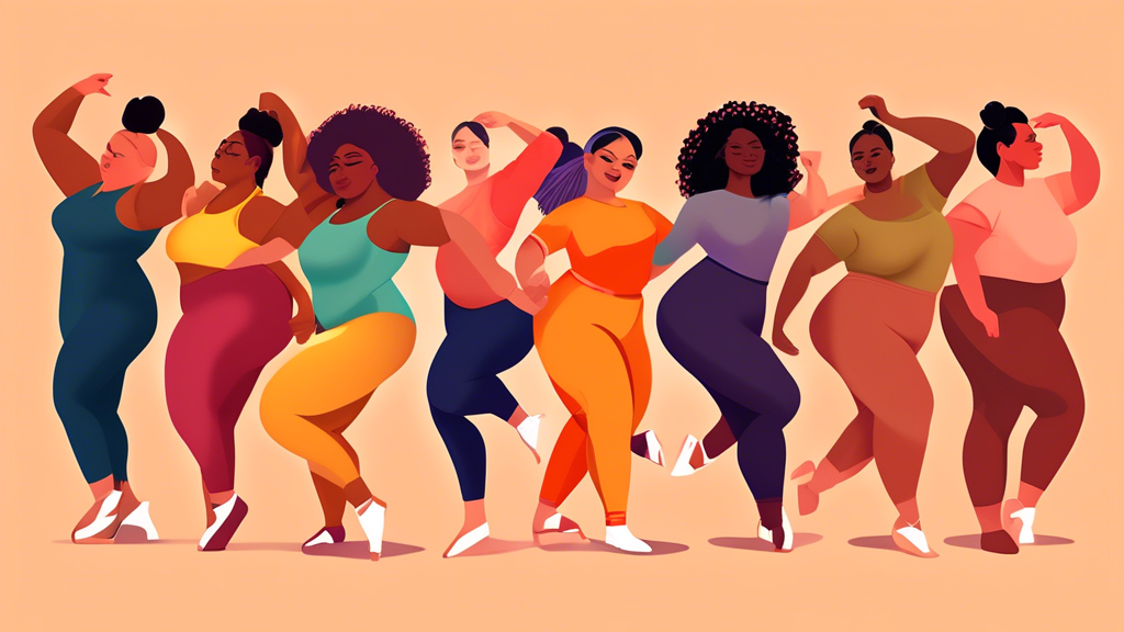 Create an image of a diverse group of dancers wearing inclusive dancewear brands that cater to a variety of body shapes, sizes, and skin tones. The dancers should be showcasing different dance styles and expressing joy and empowerment through their m