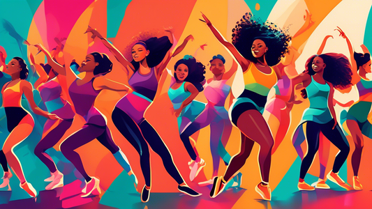 Create an image of a diverse group of dancers showcasing different dance wear styles that are designed to flatter various body types, including leotards, skirts, tights, and shoes in a vibrant and energetic dance studio setting.