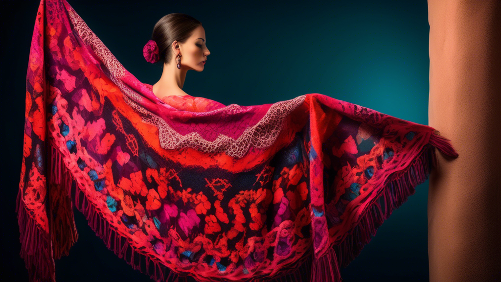 A vibrant and flowing flamenco dance shawl, with intricate patterns and tassels, draped elegantly over a mannequin in an online store. The shawl should be rich in color and texture, with a sense of mo