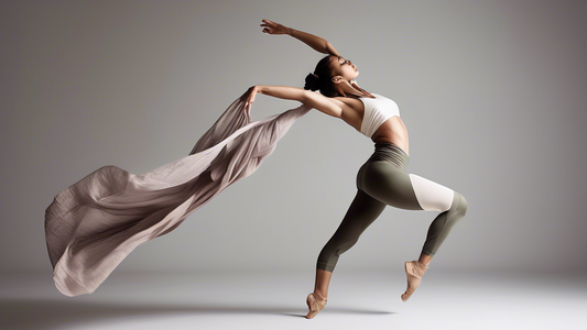 **DALL-E Prompt:**

A dancer wearing sustainable yoga attire that incorporates elements of dance choreography, such as flowing fabrics, asymmetrical lines, and breathable materials. The image should c