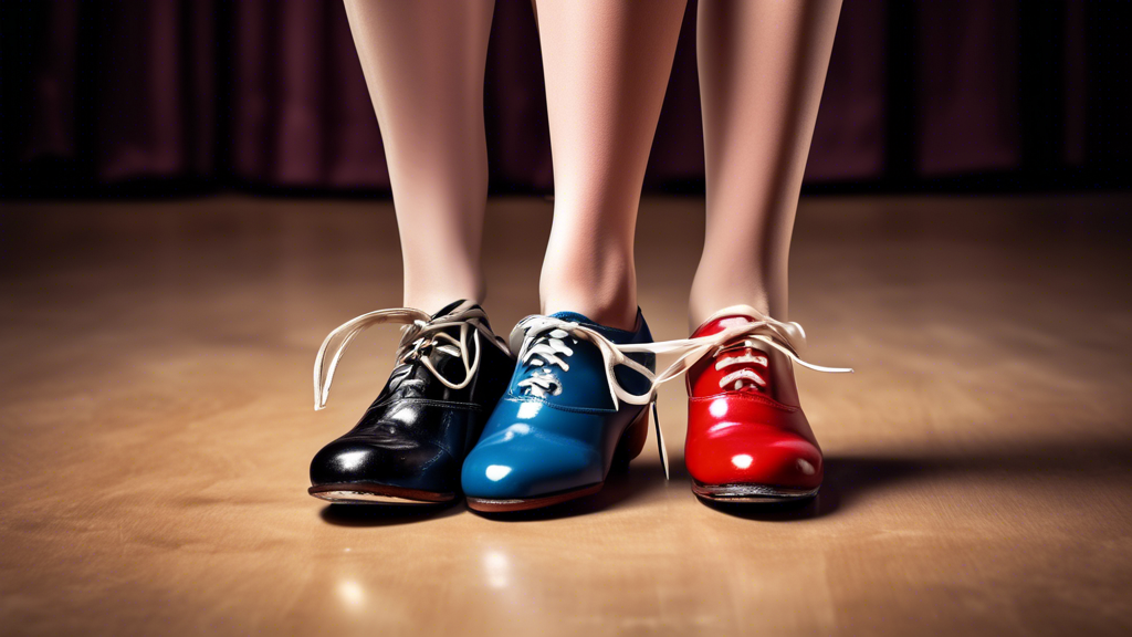 A pair of tap shoes, one with laces and one without, with a sign that says Lace-Up vs. Slip-On beside them on a stage.