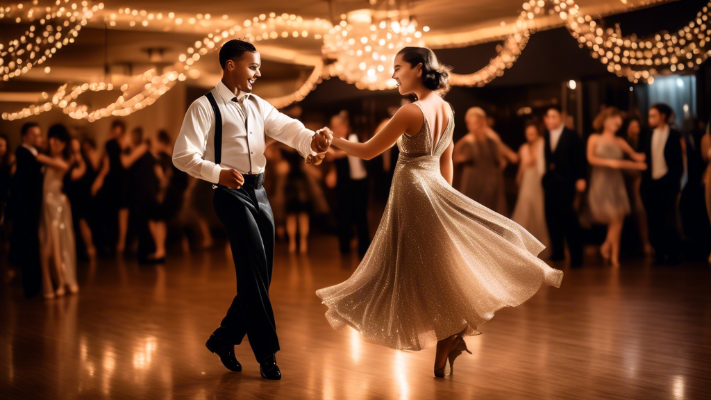 A beautiful young couple, dressed in elegant and affordable ballroom dance attire, twirling across a dance floor under sparkling lights. The woman's dress should be flowing and graceful, while the man