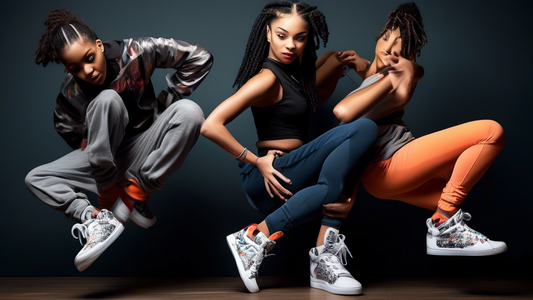 Create an eye-catching image that captures the essence of the best hip hop dance sneakers for rehearsals. Incorporate dynamic poses of dancers showcasing their moves, highlighting the sneakers' flexib