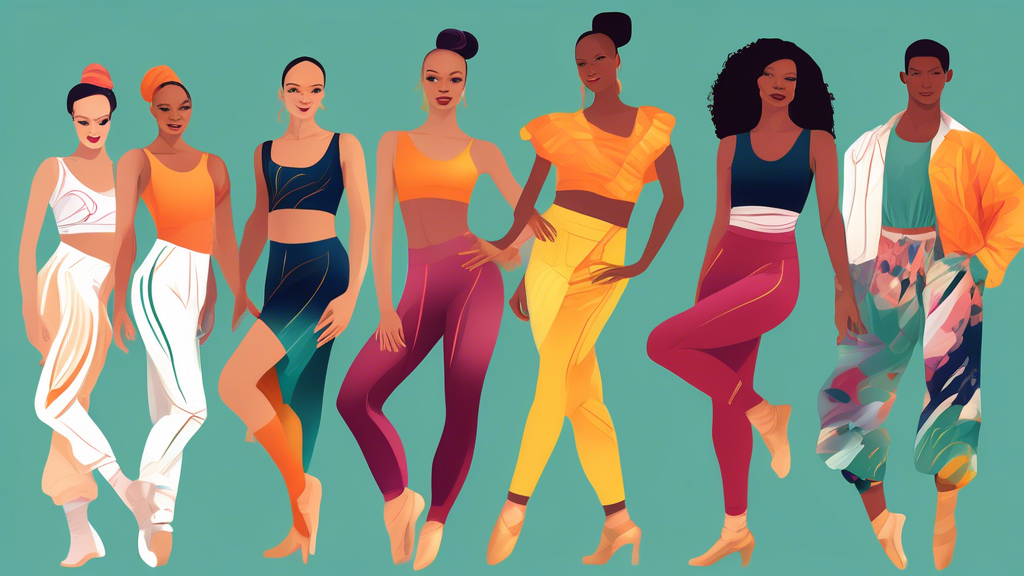 Create an image of a diverse group of dancers wearing custom dancewear designed specifically for their upcoming production, showcasing a variety of styles and color palettes to highlight the unique and personalized nature of each outfit.