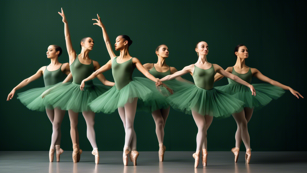 Create an image of a group of ballet dancers wearing beautifully designed green ballet attire made from sustainable and eco-friendly materials. Showcase the dancers in elegant poses that highlight the beauty and functionality of the sustainable cloth