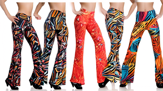 Create an image of five pairs of jazz dance pants with unique and eye-catching prints on a white background. The prints should be diverse, including abstract designs, bold patterns, and graphic elemen