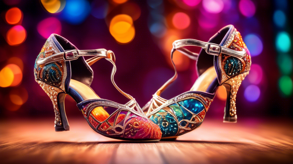 A pair of elegant dance shoes with intricate detailing and crystals, suspended in mid-air against a vibrant background of colorful lights and swirling patterns, capturing the essence of grace and move