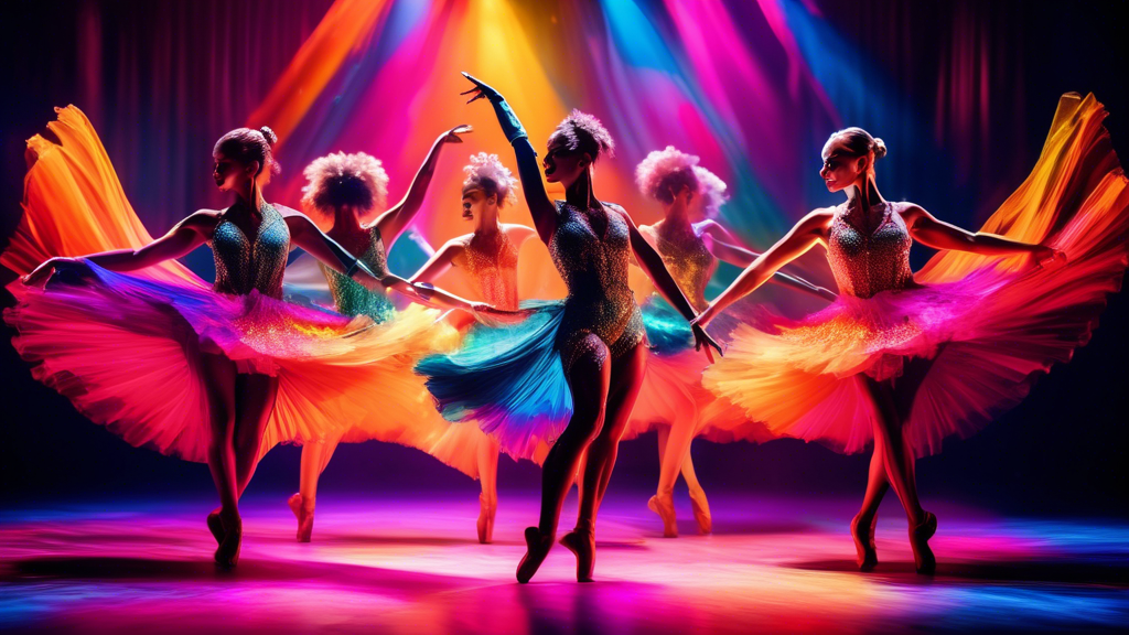 A vibrant and captivating scene featuring graceful dancers adorned in an array of eye-catching dancewear. The costumes shimmer and flow as they move, creating a mesmerizing spectacle. The background i