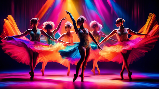 A vibrant and captivating scene featuring graceful dancers adorned in an array of eye-catching dancewear. The costumes shimmer and flow as they move, creating a mesmerizing spectacle. The background i