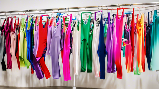 A display of various colorful, full-body leotards hanging on a rack in a retail store