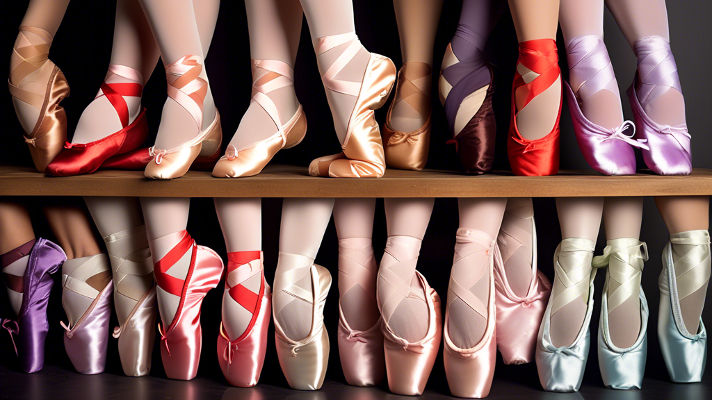 Create an image of a diverse collection of ballet shoes from top brands specially designed for wide feet, showcasing a variety of colors, styles, and sizes to help dancers find the perfect fit and support for optimal performance and comfort.