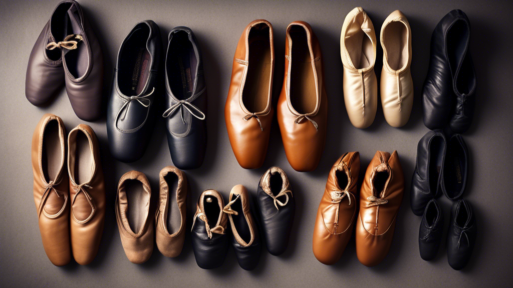 Create a visually appealing image of a selection of elegant men's ballet shoes, arranged in different sizes to illustrate a size guide. Ensure the shoes are captured from various angles to showcase th