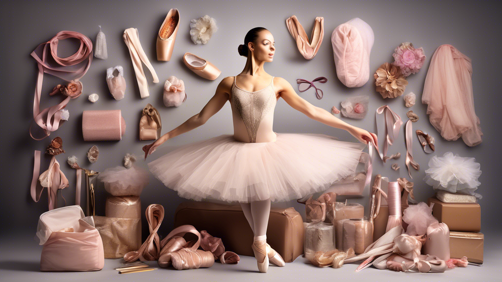 Create an image of a ballet dancer surrounded by a diverse array of specialty items such as pointe shoes, dance bags, foam rollers, therabands, foot stretchers, and ballet skirts. The ballerina is gracefully posed in the center, exuding strength and 