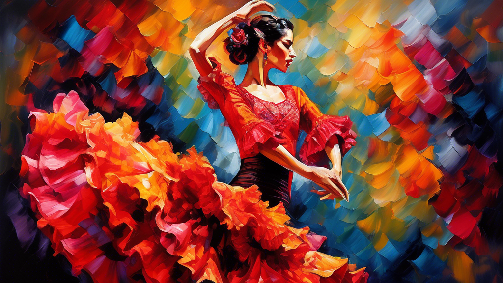 An elegant and elaborately dressed flamenco dancer, captured in a dynamic pose that showcases the vibrant colors, intricate ruffles, and fluid movement of flamenco fashion. The dancer's dress should b