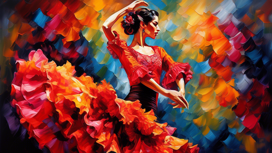 An elegant and elaborately dressed flamenco dancer, captured in a dynamic pose that showcases the vibrant colors, intricate ruffles, and fluid movement of flamenco fashion. The dancer's dress should b