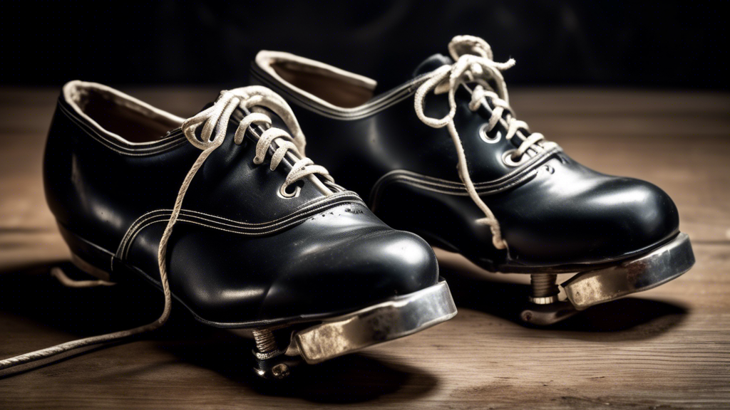 A close-up shot of a pair of vintage black tap shoes with silver buckles and laces