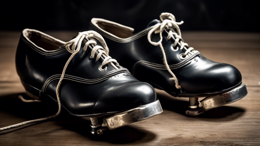 A close-up shot of a pair of vintage black tap shoes with silver buckles and laces