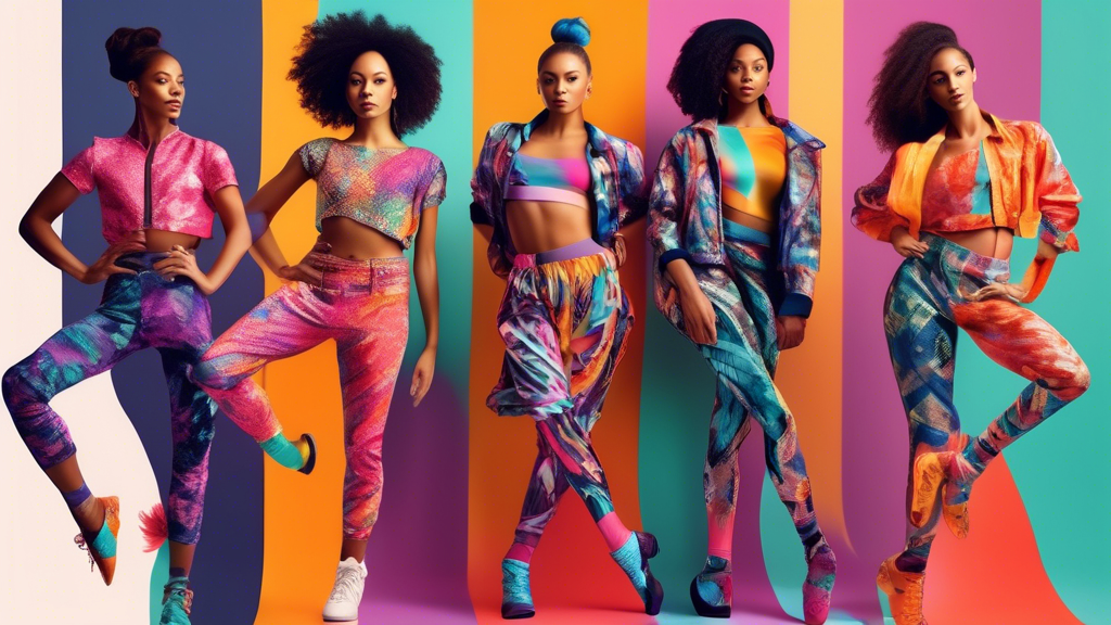 Create an image of a diverse group of dancers showcasing 5 different on-trend dance outfit ideas, each reflecting a unique style and personality. Include outfits that feature vibrant colors, bold patterns, and various textures to inspire creativity i