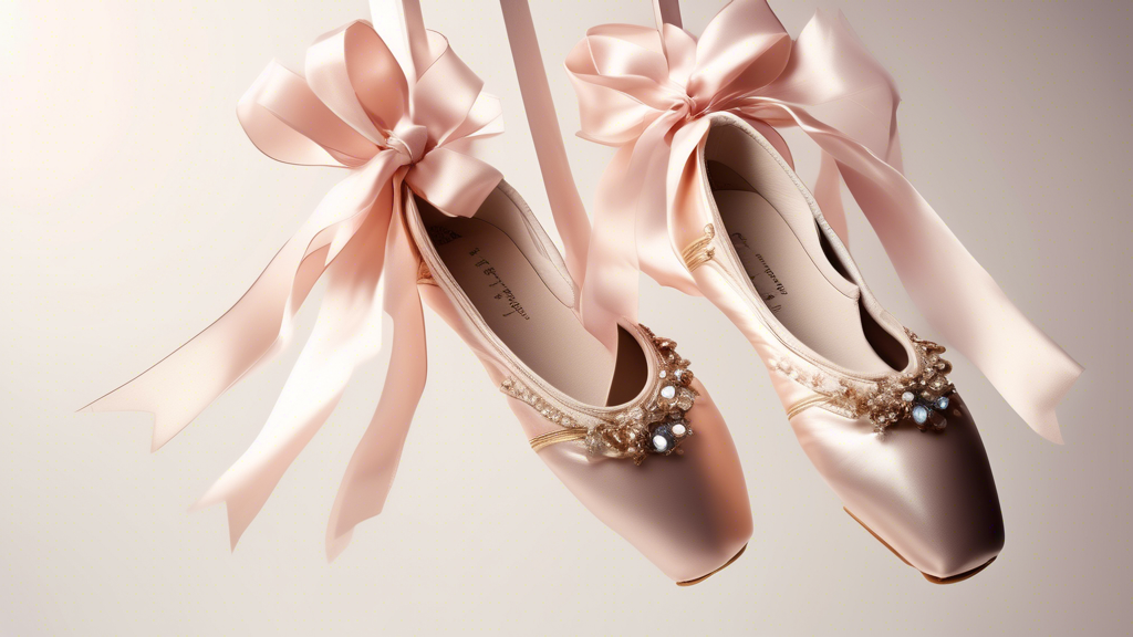 An image of a pair of point shoes adorned with ribbons and jewels, suspended in mid-air like a delicate masterpiece. The shoes should exude an aura of grace and elegance, hinting at the rigorous train