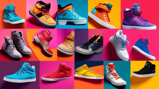 A collage of vibrant and stylish hip hop dance shoes, showcasing diverse designs, colors, and materials that cater to the dynamic footwork and energetic style of hip-hop dance.