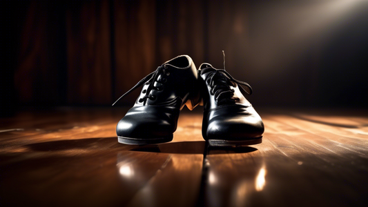 A pair of sleek, black tap shoes lying on a wooden dance floor. The shoes are well-worn, with scuffs and scratches on the toes and heels. Taps are attached to the toes and heels, and the laces are tie