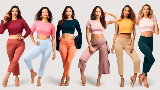 A montage of stylish women wearing elegant crop jazz tops, showcasing a range of fabrics, colors, and designs, in various dance poses that exude confidence and movement.