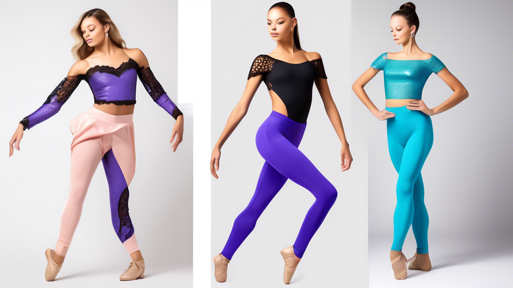 Create an image of a vibrant and stylish dancewear collection featuring seven different trends such as color-blocking, mesh detailing, off-the-shoulder tops, high-waisted leggings, metallic fabrics, lace accents, and asymmetrical cuts. Each dancewear