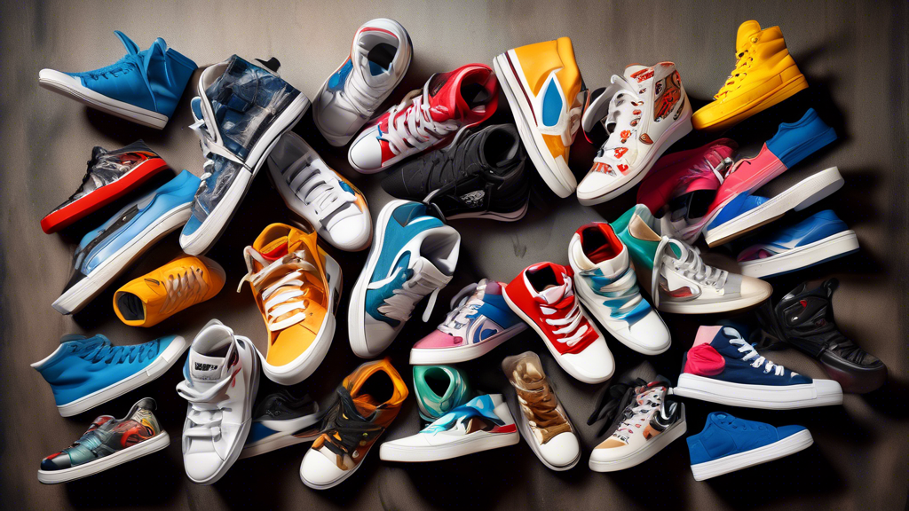 A photorealistic image of ten pairs of sneakers in different styles, colors, and brands, arranged in a dynamic composition. The sneakers should be worn by diverse dancers performing hip hop moves on a