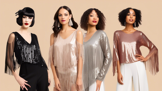 Three elegant and affordable jazz performance tops in the style of the 1920s featuring sequins, fringe, and sheer fabrics.