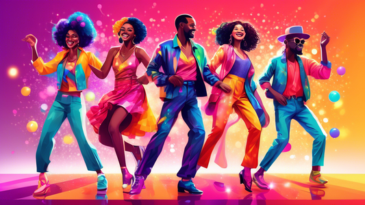 Create an image showcasing five diverse characters with unique and vibrant outfits, each expressing a different style, dancing joyfully on a vibrant and colorful dance floor, with sparkling lights and disco balls illuminating their expressive fashion