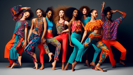 A fashion editorial featuring a diverse group of dancers wearing vibrant, patterned jazz tops that express energy and movement. The tops should be designed with breathable fabrics, flattering silhouet