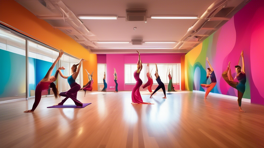 A visually striking representation of yoga innovation in a dance studio, where traditional yoga poses are reimagined with the fluidity and grace of dance. The image should capture the seamless integra