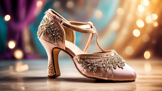 A pair of elegant ballroom dance shoes adorned with intricate detailing and sparkling embellishments, capturing the sophistication and glamour of dance performances
