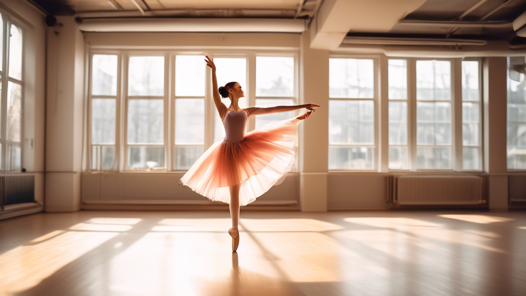 A young ballerina in a beautiful, flowing vegan ballet dress, gracefully dancing en pointe with vegan ballet shoes in a vibrant dance studio with large windows. The image should exude elegance, grace,