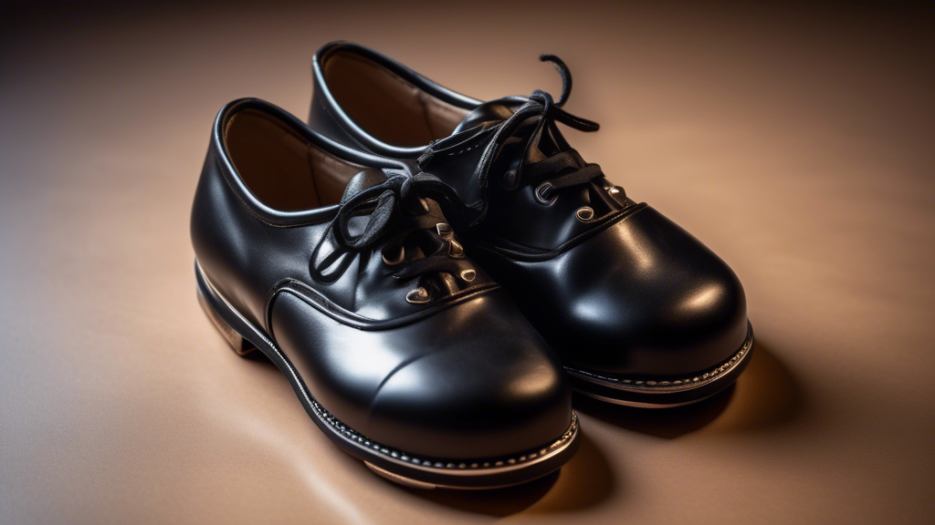 A pair of black tap shoes side by side, one made of leather and one made of synthetic material. The leather shoe is on the left and the synthetic shoe is on the right. Both shoes have metal taps on th