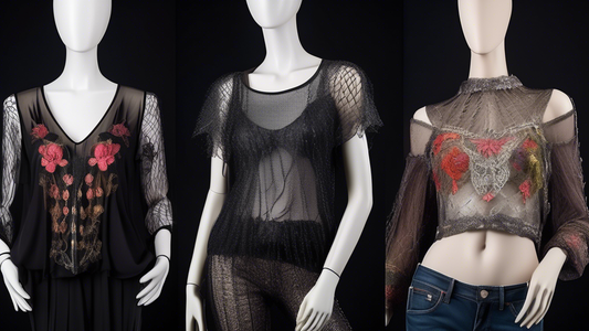 A collage of 5 edgy mesh jazz tops in a variety of colors and styles, with intricate embroidery and cutouts, draped over a mannequin. The tops are see-through and reveal a hint of skin underneath. The