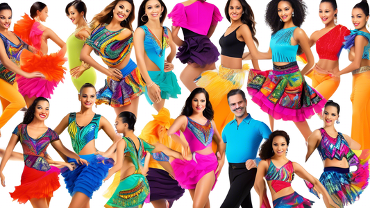A collage of stylish and vibrant Latin dance tops, featuring a variety of colors, patterns, and embellishments. The tops should showcase the movement and energy of Latin dance, and convey a sense of p