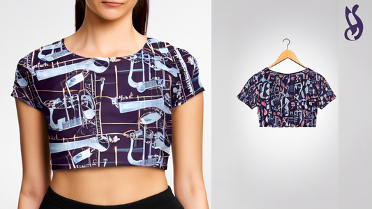 A modern and stylish crop top with a jazz-inspired print. The top should be fitted and cropped above the waist, with a round neckline and short sleeves. The jazz-inspired print could feature musical i