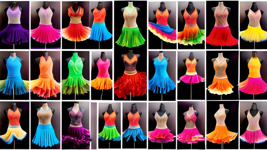 A collage of beautiful and colorful Latin dance skirts and tops, showcasing the variety of styles and fabrics used in Latin dance costumes. The image should be vibrant and capture the energy and passi
