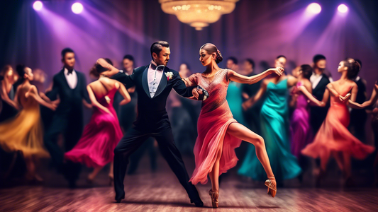 An elegant ballroom dance competition with dancers wearing formal attire, showcasing the beauty and grace of the dance.