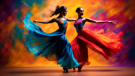 A vibrant and graceful Latin dance performance, capturing the flow and energy of the dancers. The skirts have a dynamic silhouette, showcasing the dancers' twirling and footwork. The colors and patter