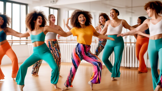 A group of people wearing colorful and flowy jazz pants, dancing in a dance studio with mirrors and a barre. The dancers are smiling and having fun, and the pants are flowing and swishing around them 