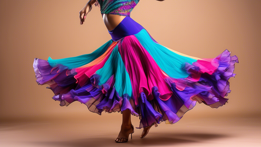 A vibrant and elegant Latin dance skirt flowing gracefully through the air, showcasing intricate beadwork, frills, and a captivating silhouette that embodies the allure and passion of Latin dance.
