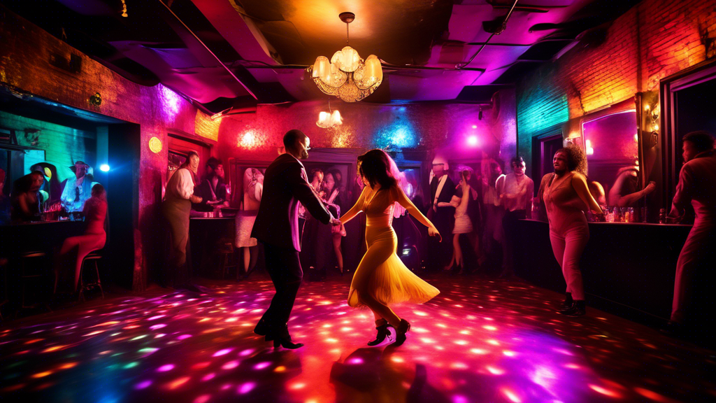 Create an image of a secret, hidden gem of a dance location - a dimly lit underground speakeasy transformed into a vibrant dance floor, with colorful disco lights reflecting off the walls and a diverse group of people dancing joyfully. The space is c