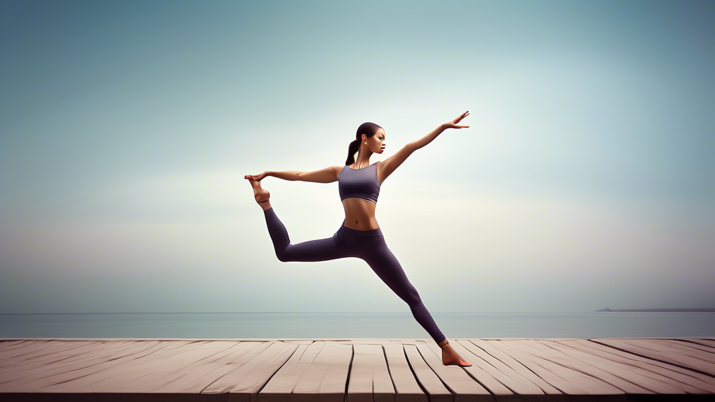 A graceful female dancer performing a yoga pose in a serene and tranquil setting, wearing elegant and supportive yoga shoes that enhance her movements with style and ease. Capture the beauty of yoga a