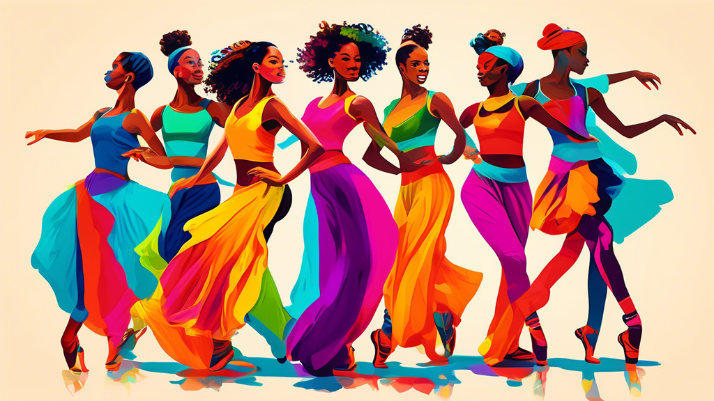 Create an image of a diverse group of dancers in vibrant and unique dancewear that reflects their individual personalities. Each dancer should be showcasing their own unique style, expressing confidence and joy as they move on the dance floor. The im