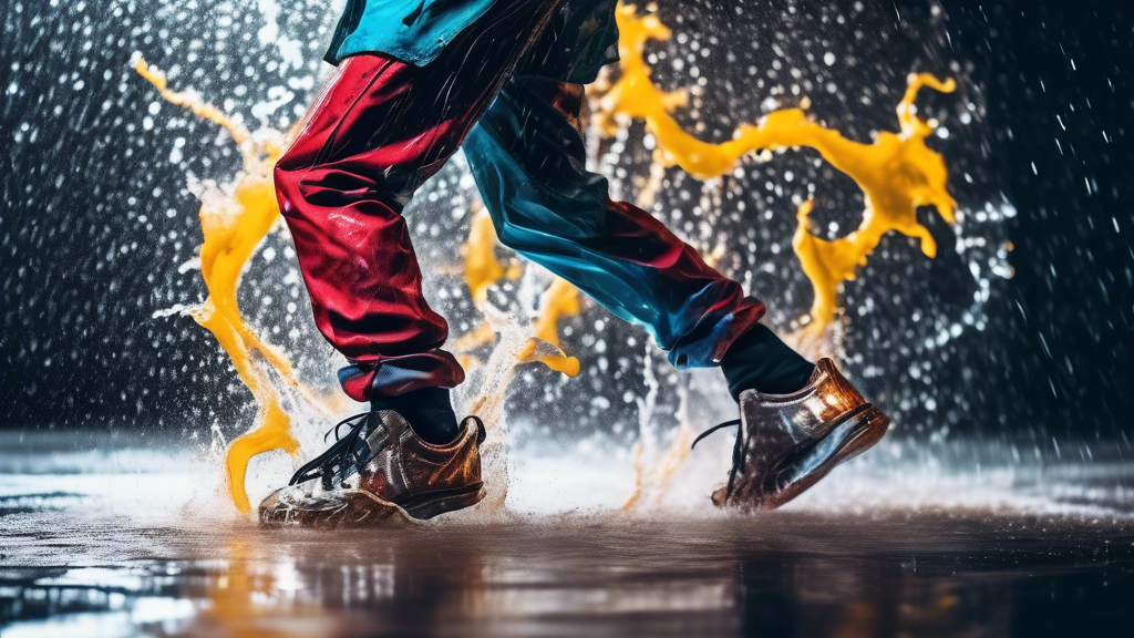 A vibrant and energetic photo of a person wearing waterproof hip hop dance shoes, showcasing their moves on a dance floor with water splashed around them, capturing the concept of dancing in wet condi